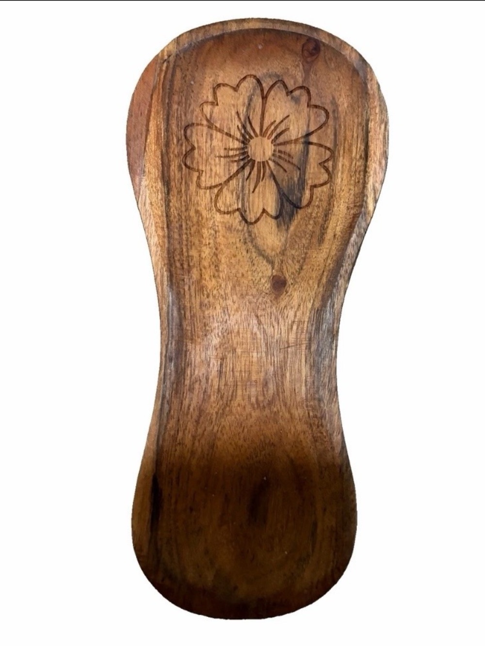 Carved Acacia Wood Spoon Rest with Laser-Engraved Floral Design